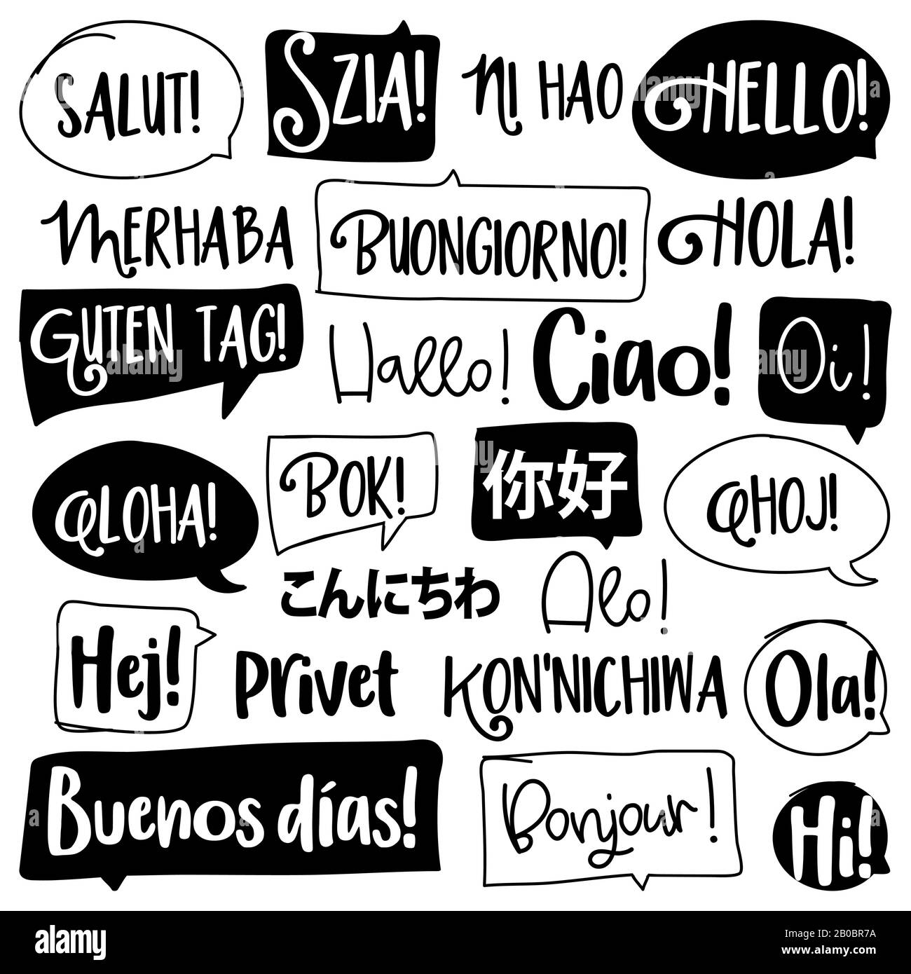 Hello word in different languages. French, spanish, japanese, chinese, hungarian. Bonjur, salut, hola, ni hao, konnichiwa, aloha, hi, hallo, ciao, pri Stock Vector