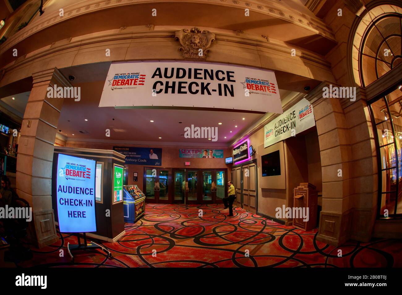 Las Vegas, United States. 19th Feb, 2020. A sign for audience check-in outside the Paris Theater during the Nevada Debate in Las Vegas. Credit: SOPA Images Limited/Alamy Live News Stock Photo