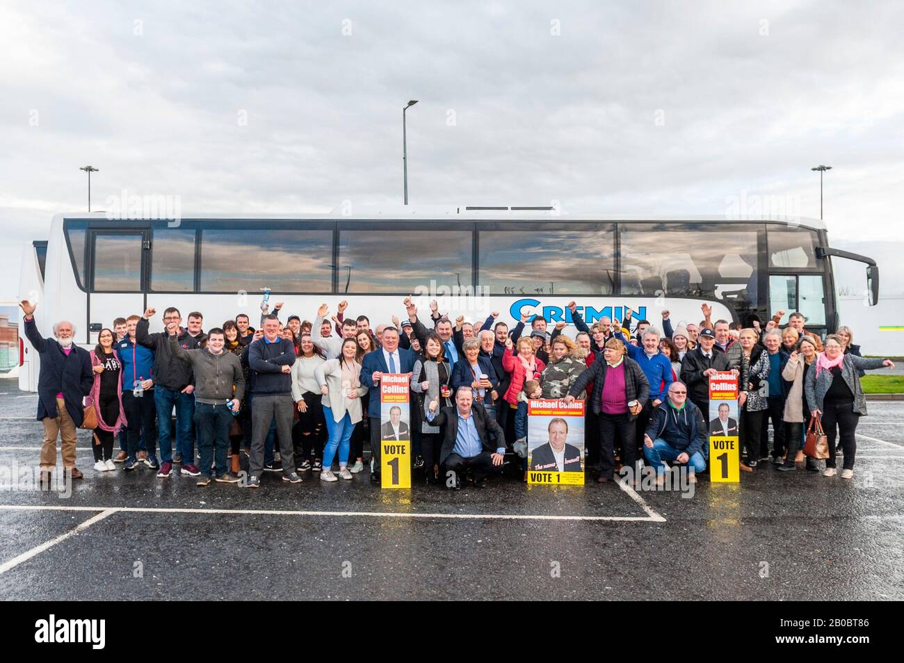 Monasterevin, Co. Kildare, Ireland. 20th Feb, 2020. Michael Collins TD (Ind) brought 89 supporters to the first day of the 33rd Dáil today. Michael and his supporters are pictured at Junction 14 services in Monasterevin. Credit: Andy Gibson/Alamy Live News Stock Photo