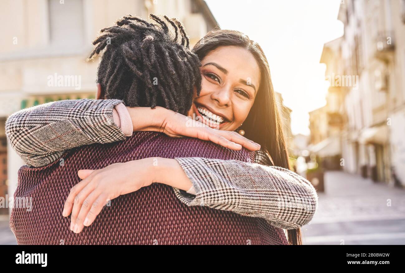 Girlfriend hugging her boyfriend - Couple of lovers having tender moments during romantic vacations - Relationship, emotions and travel concpet - Focu Stock Photo