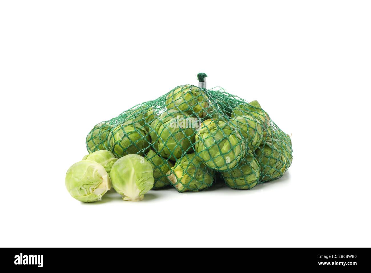 Mesh bag with brussels sprout isolated on white background Stock Photo