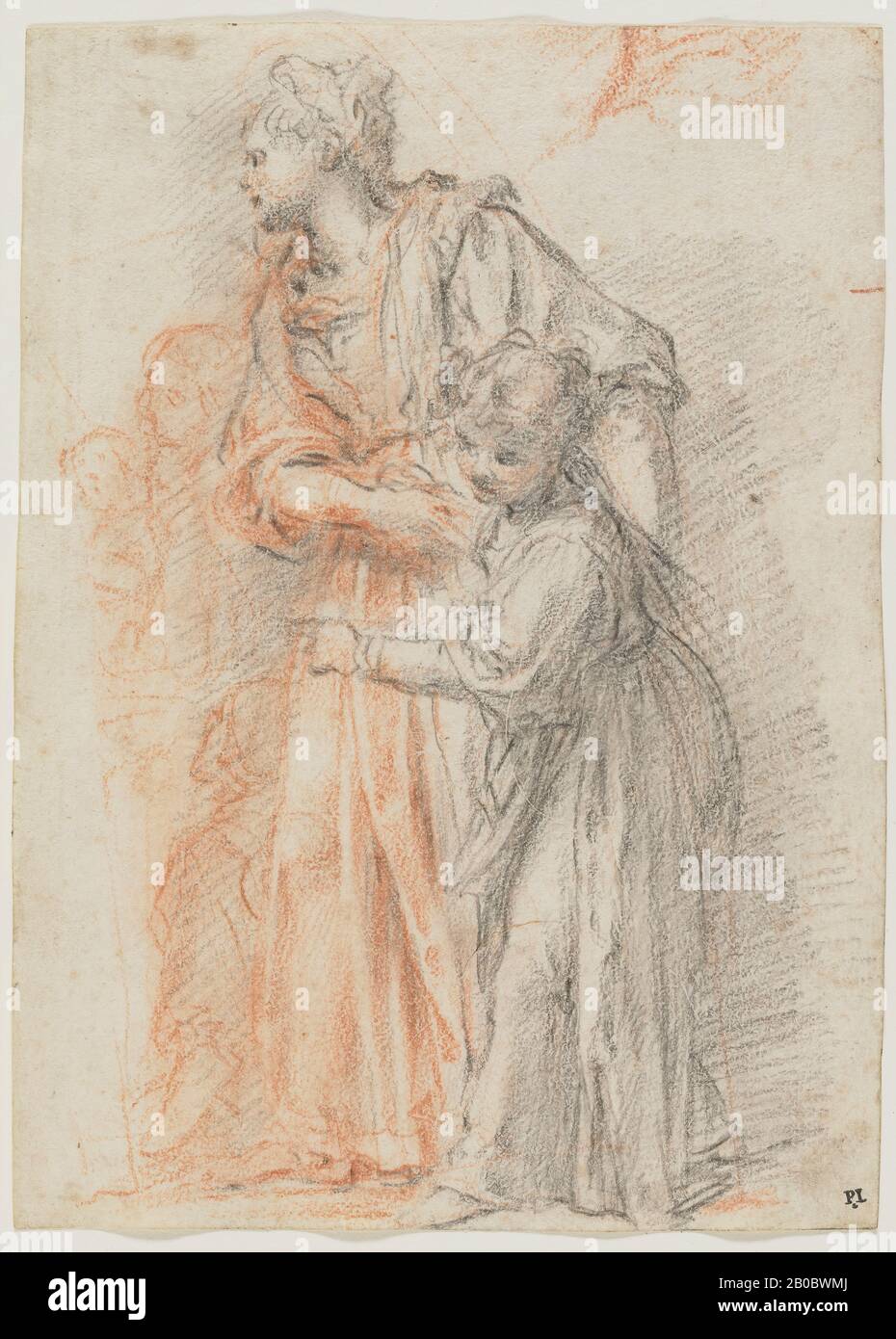 Bernadino Poccetti, Woman and Child, 1604-1606, black and red chalk on paper, 8 7/8 in. x 6 3/8 in. (22.5 cm. x 16.2 cm.), As a final preparatory study for a figurative group in a lunette fresco, this drawing resolved a compositional challenge. As the lightly drawn arc above the woman's left shoulder indicates, the figures were to be placed in the extreme right of the fresco, directing the viewer's attention to and framing the historical narrative unfolding in the center. The existing fresco, one of fourteen by Poccetti for the Chiostri dei Morti (Cloister of the Dead) of Santissima Annunziata Stock Photo
