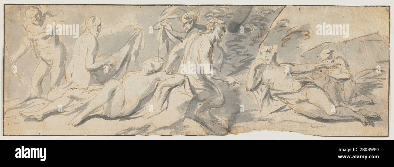 Unknown Artist, Nymphs and Satyrs (recto), 1600-1700, pen and brown ink, grey wash on paper, 3 1/4 in. x 9 5/8 in. (8.3 cm. x 24.4 cm.) Stock Photo