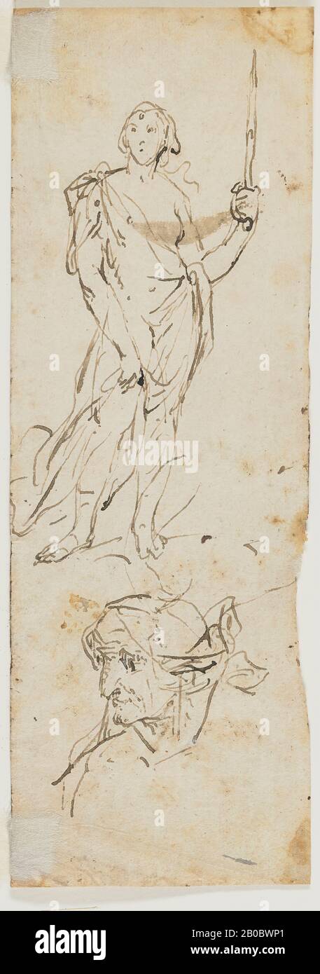 Unknown Artist, figure sketches (verso), 1600-1700, pen and brown ink, grey wash on paper, 3 1/4 in. x 9 5/8 in. (8.3 cm. x 24.4 cm.) Stock Photo