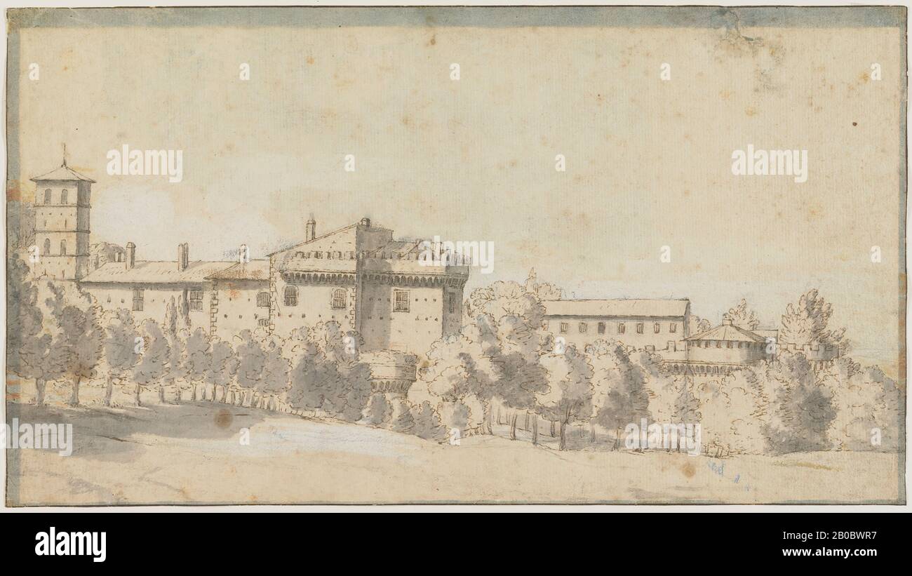 Unknown Artist, Landscape with Buildings (Recto), 1600-1700, pen and brown ink, grey wash, black chalk on paper, 9 in. x 16 1/4 in. (22.86 cm. x 41.2 cm.) Stock Photo