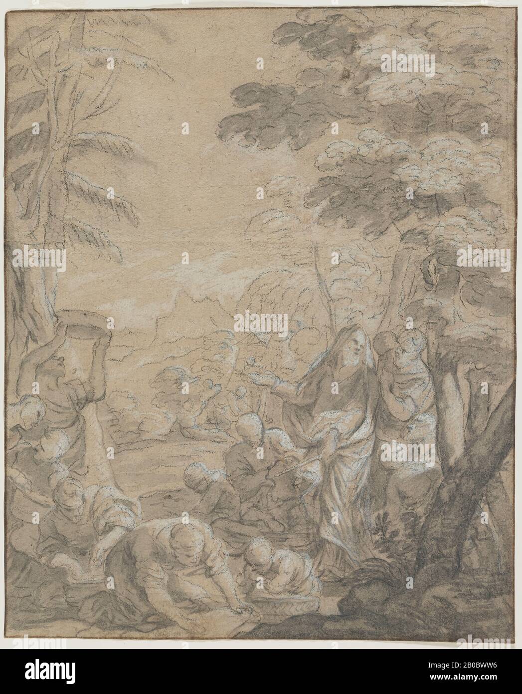 Lodovico Gimignani, The Israelites Gathering Manna, 1667-1669, black chalk and grey wash on brown laid paper, 10 13/16 in. x 8 13/16 in. (27.5 cm. x 22.4 cm.) Stock Photo