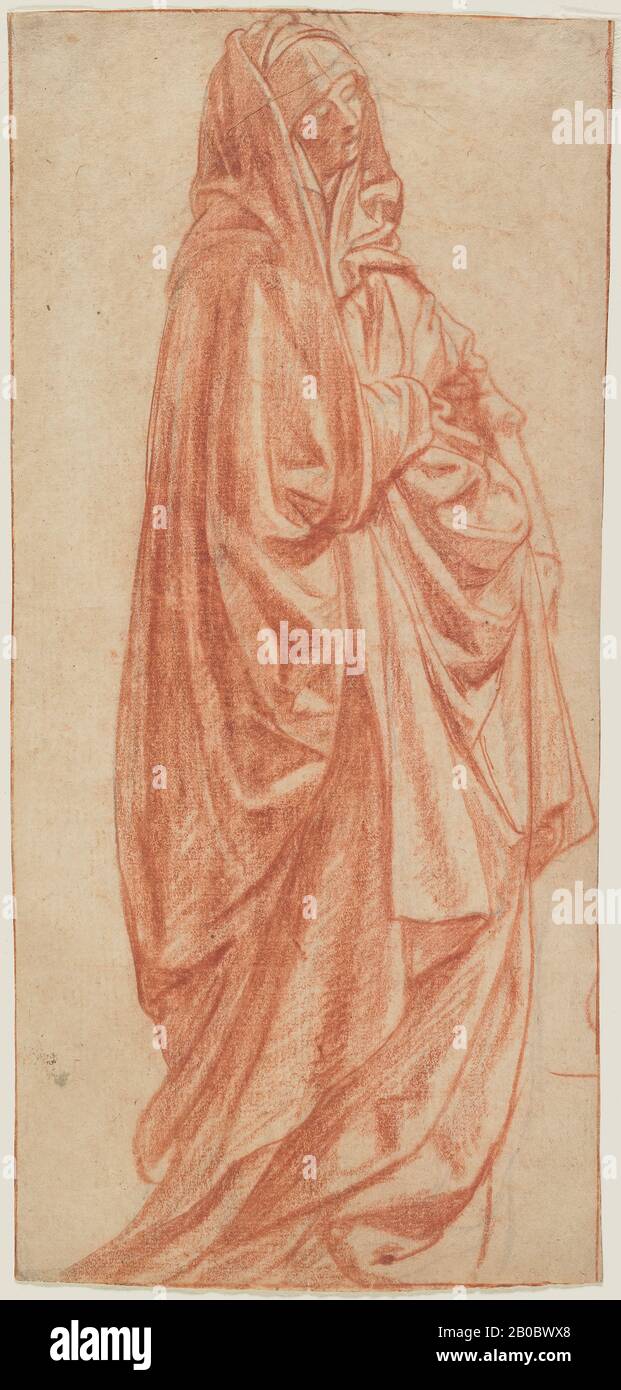 Marcello Venusti, Standing Draped Woman, 1512-1579, red and black chalk on paper, 10 15/16 in. x 5 1/16 in. (27.8 cm. x 12.9 cm.) Stock Photo
