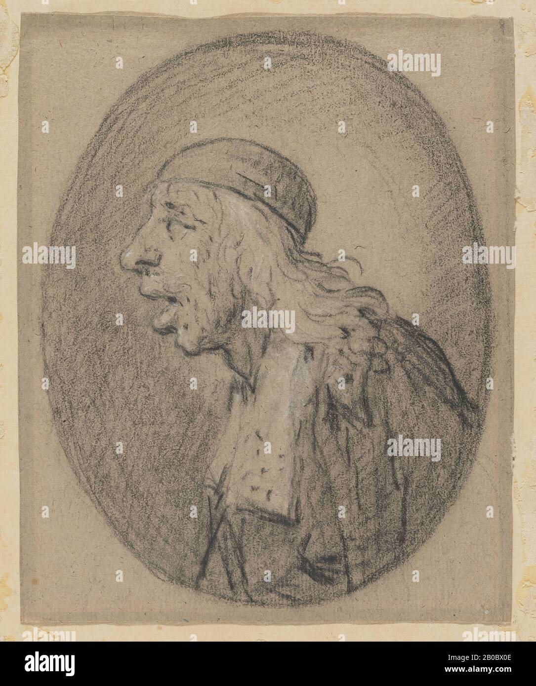 Unknown Artist, Portrait Caricature of a Man, 1600-1700, black and white chalk on brown paper, 6 7/16 in. x 5 1/4 in. (16.4 cm. x 13.4 cm.) Stock Photo