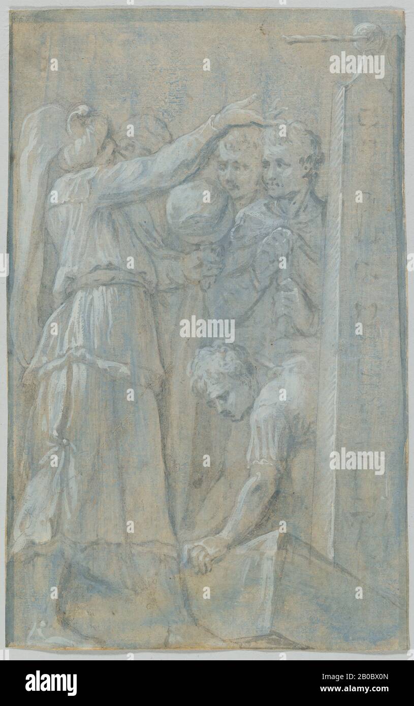 Belisario Corenzio, Figures Around an Obelisk, 1580-1640, brush and grey/blue wash on brown paper, 9 1/2 in. x 6 in. (24.2 cm. x 15.2 cm.) Stock Photo