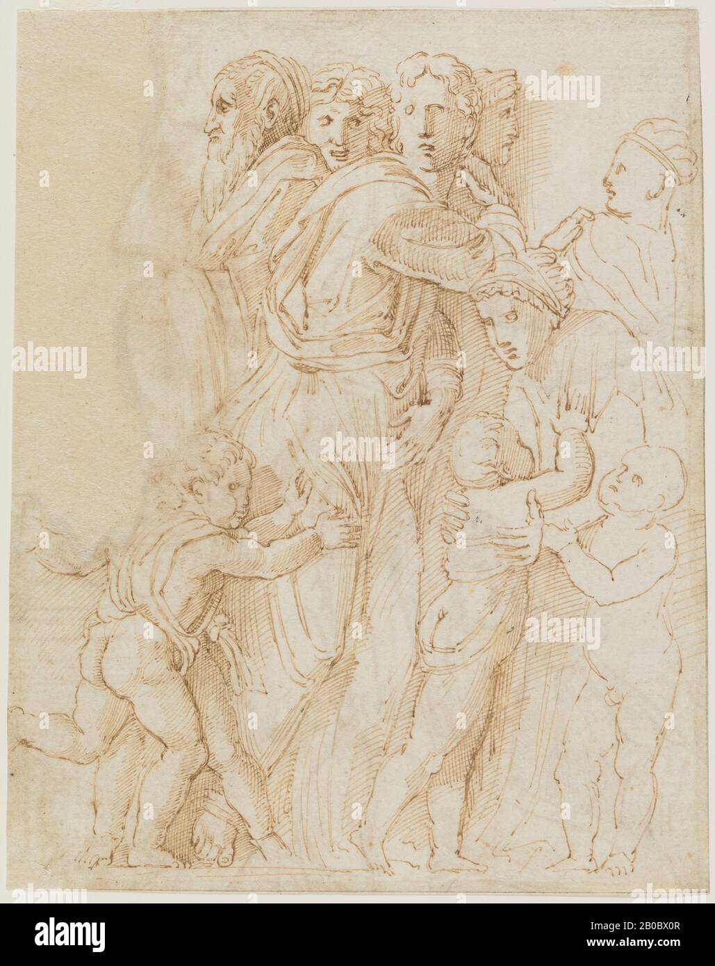 Raphael, Copy from Donatello's 'Miracle of the Miser's Heart' (recto), ca.1505-1520, pen and brown ink on paper, 10 1/16 in. x 8 in. (25.56 cm. x 20.32 cm.), Recognized as one of the most talented artists in history, Raphael honed his skills and trained his assistants through the imitation of established models. Copying was then and still is today a significant part of the formal training of any budding artist and often complements the study of live models. Raphael referenced the work of Donatello (ca. 1386--1466) many times throughout his career. The three figures drawn in this study after a Stock Photo