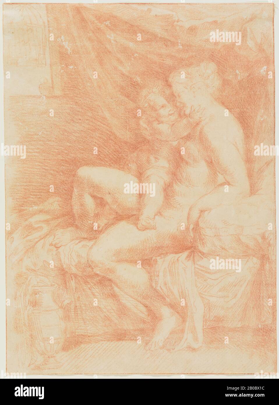 Placido Costanzi, Woman and Child Seated on Bed, 1690-1759, red chalk on paper, 13 1/8 in. x 9 9/16 in. (33.3 cm. x 24.3 cm.) Stock Photo