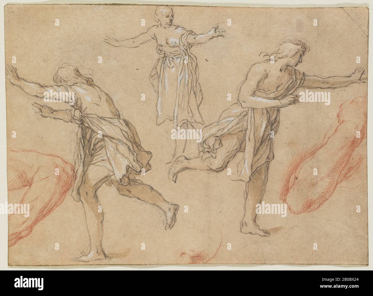 Abraham Bloemaert, Studies of Running Figures, 1590-1650, pen and brown ink and brown wash over black chalk on brown laid paper, 4 5/8 in. x 6 3/8 in. (11.7 cm. x 16.19 cm.), Abraham Bloemaert, the co-founder of Utrecht's Guild of Saint Luke in 1611, helped to make this Dutch city a center of Northern Mannerism. Drawing the human figure was central to this endeavor, and the publication of a popular drawing manual for artists further established his legacy beyond the circle of his students. This quick study of movement is stylistically related to sketches in public collections in Darmstadt, Mun Stock Photo