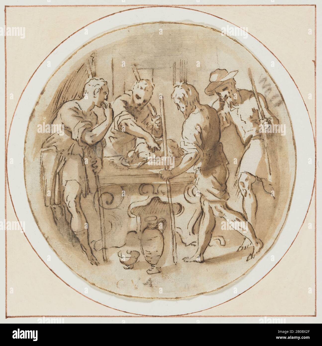 Jacopo Palma il giovane, The Feast of the Passover, 1548-1628, pen and brown ink and brown wash over black chalk on paper, 4 3/16 in. (10.7 cm.) Stock Photo