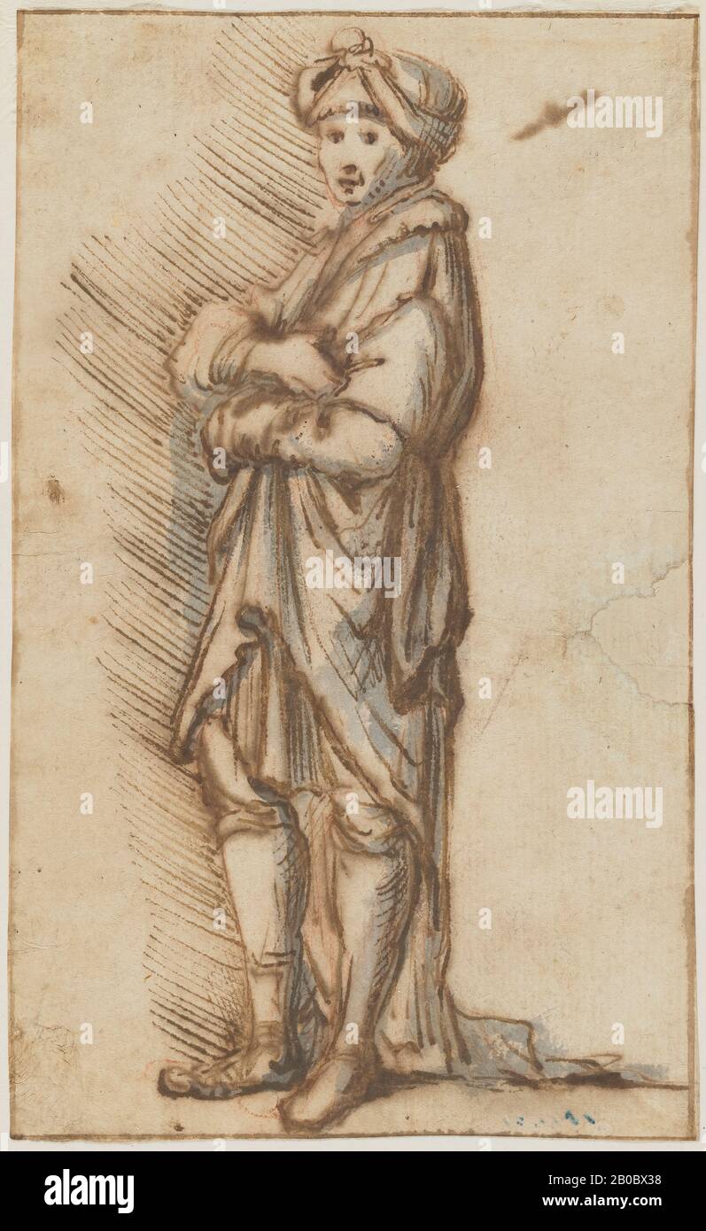 Unknown Artist, Standing Man with Turban, 1600-1700, pen and brown ink, grey wash, over red chalk on paper, 7 in. x 4 3/16 in. (17.78 cm. x 10.64 cm.) Stock Photo