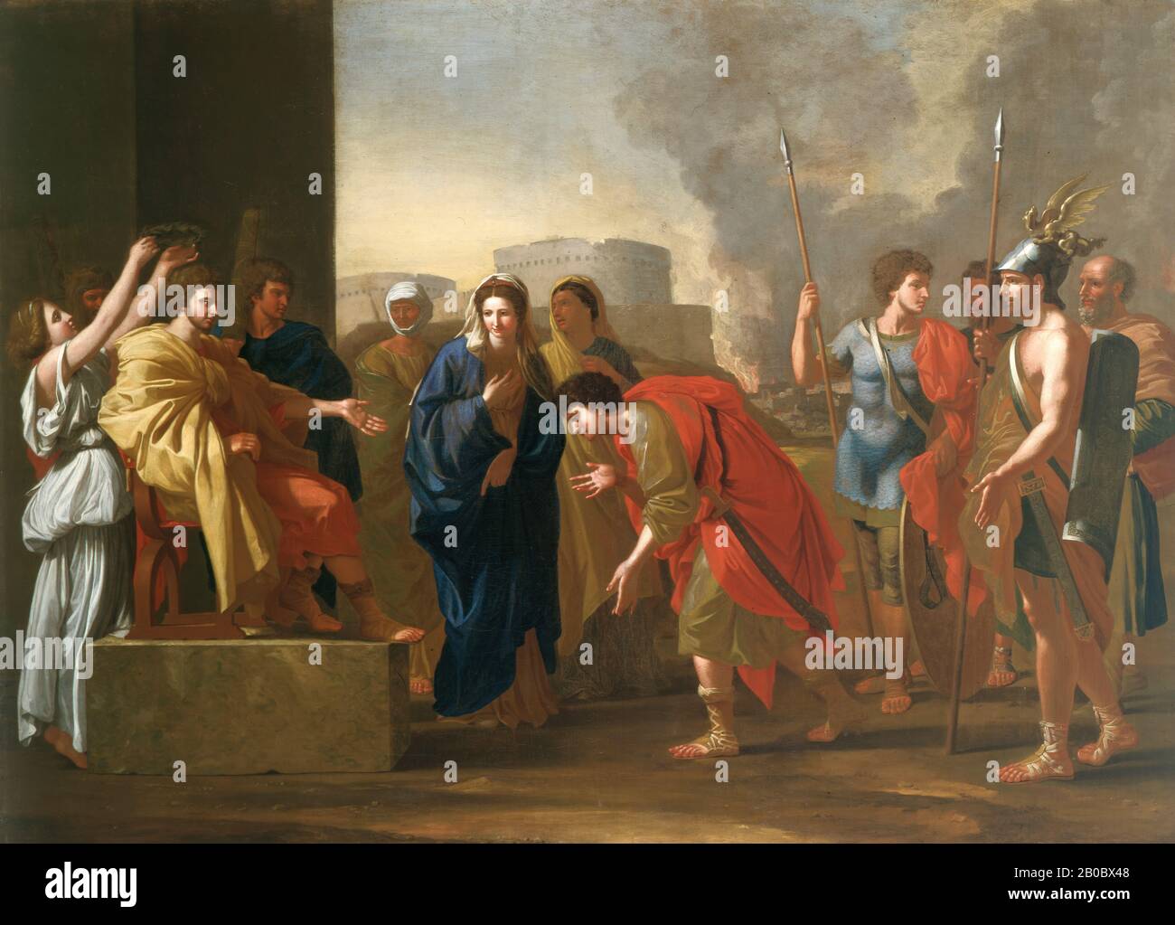 John Smibert, The Continence of Scipio, ca. 1719-1722, oil on canvas, 45 3/4 in. x 62 5/8 in. (116.21 cm x 159.07 cm), Smibert's painting is a copy of a 1640 painting by the revered French painter Nicolas Poussin. Its subject derives from Roman history. During the Second Punic War, the Roman general Publius Cornelius Scipio Africanus decided to return his war spoils, including the bride of his enemy Allucius, the young prince of the Celtiberians. Scipio's moral fortitude presented an ideal subtext for Poussin's classical interpretation. John Smibert, the copyist, was a portrait painter from Sc Stock Photo