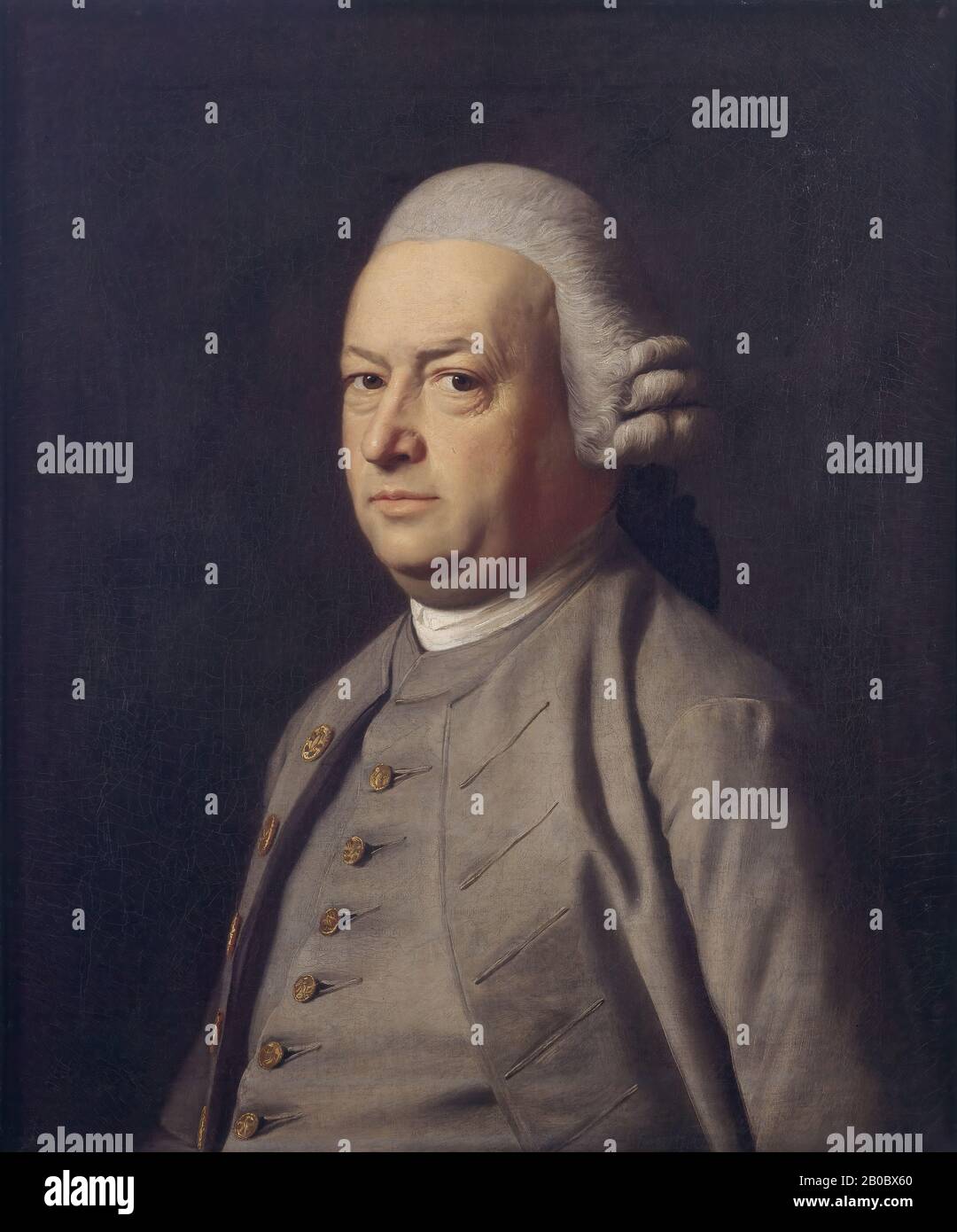 John Singleton Copley, Portrait of Thomas Flucker, ca. 1770-1771, oil on canvas, 28 1/16 in. x 24 1/4 in. (71.28 cm x 61.6 cm), This painting is considered the most physically and psychologically striking colonial portrait at Bowdoin, Thomas Flucker was an important political figure in late eighteenth-century Boston. A Tory, he fled to England in 1775. It has been suggested that the painting's somber palette and empty background (without the traditional attributes which situate the sitter in society) may allude to the gathering storm clouds and upheavals which would culminate in the American R Stock Photo
