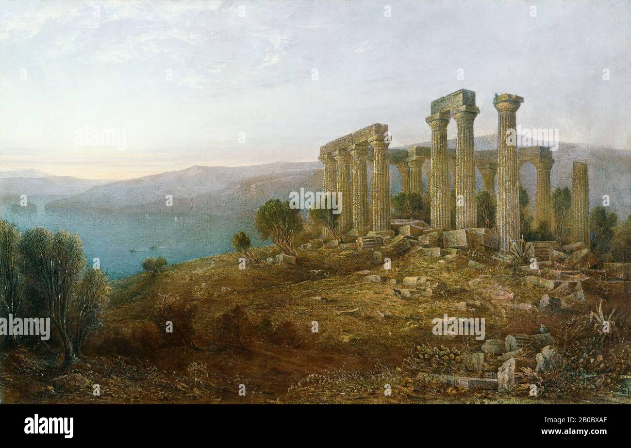 John Rollin Tilton, Temple of Aphaea, Aegina, ca. 1870-1879, oil on canvas, 30 15/16 in. x 48 1/16 in. (78.58 cm x 122.08 cm), Born in New Hampshire, John Rollin Tilton began his artistic career painting signs and rail car decorations in Portland. Encouragement from local critic John Neal prompted him to pursue training in Europe. In 1852 Tilton settled in Rome, where he would spend many productive years. On the strength of his Claude Lorrain-inspired landscapes, he gained a popular following, especially among Grand Tour patrons. Henry Wadsworth Longfellow, Class of 1825, described him as 'a v Stock Photo