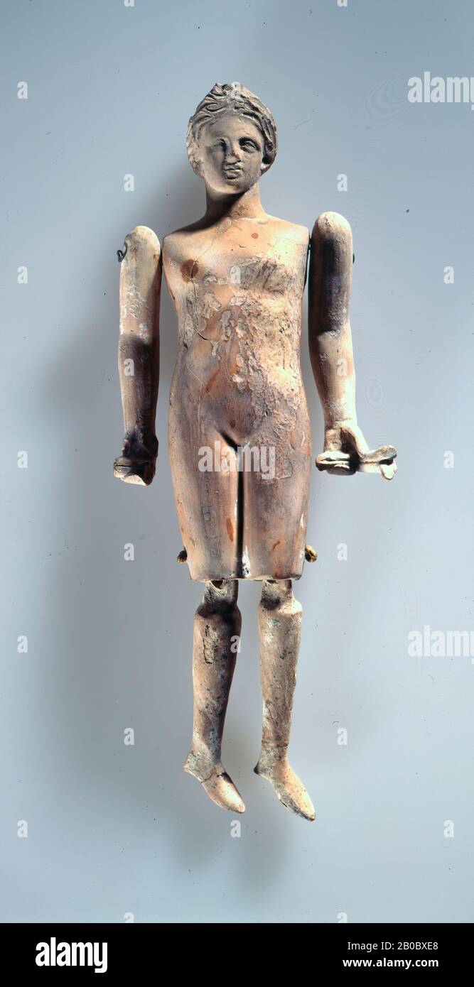 Unknown Artist, Jointed Female Doll Holding Rattles (krotala), 400 BC-350 BC, molded clay, 7 1/2 in. x 3 1/16 in. x 1 3/16 in. (19 cm. x 7.78 cm. x 3.02 cm.) Stock Photo