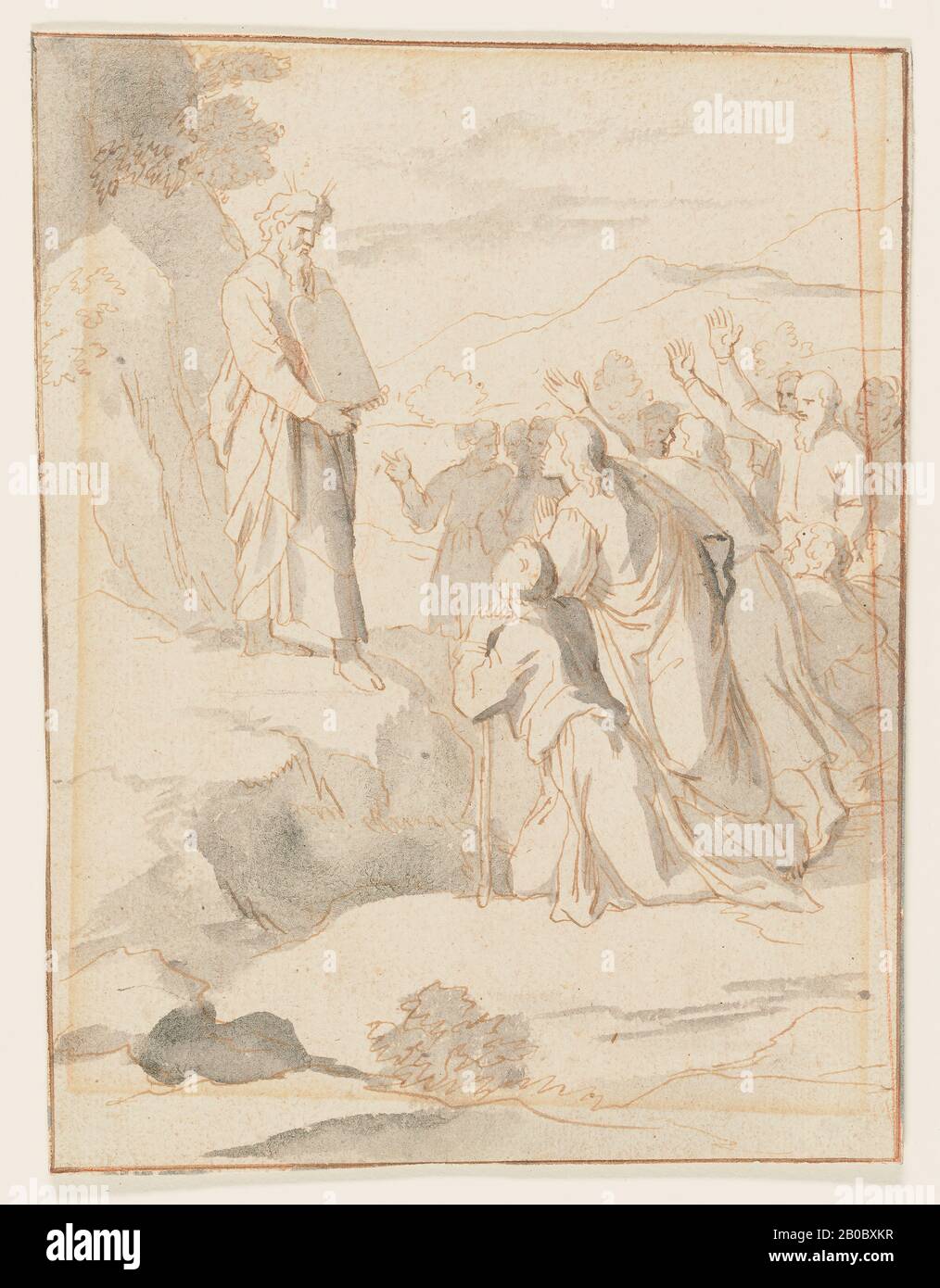 copy after Raphael, Moses and the Tablets, 1500-1600, pen and brown ink, grey wash, touches of red chalk on paper, 8 1/8 in. x 6 1/4 in. (20.7 cm. x 15.9 cm.) Stock Photo
