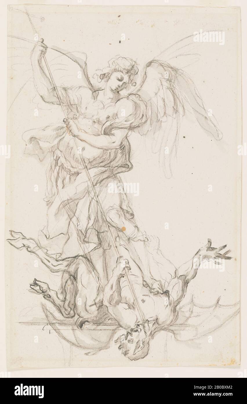 Domenico Antonio Vaccaro, St. Michael and Lucifer, 1600-1800, black chalk, touches of red chalk, and grey wash on paper, 10 7/8 in. x 7 in. (27.6 cm. x 17.8 cm.) Stock Photo