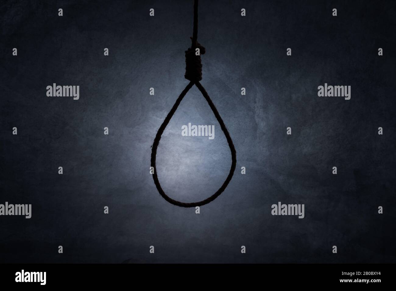 Rope noose isolated with dark background with fog, a loop of rope for hanging on a misty black Stock Photo