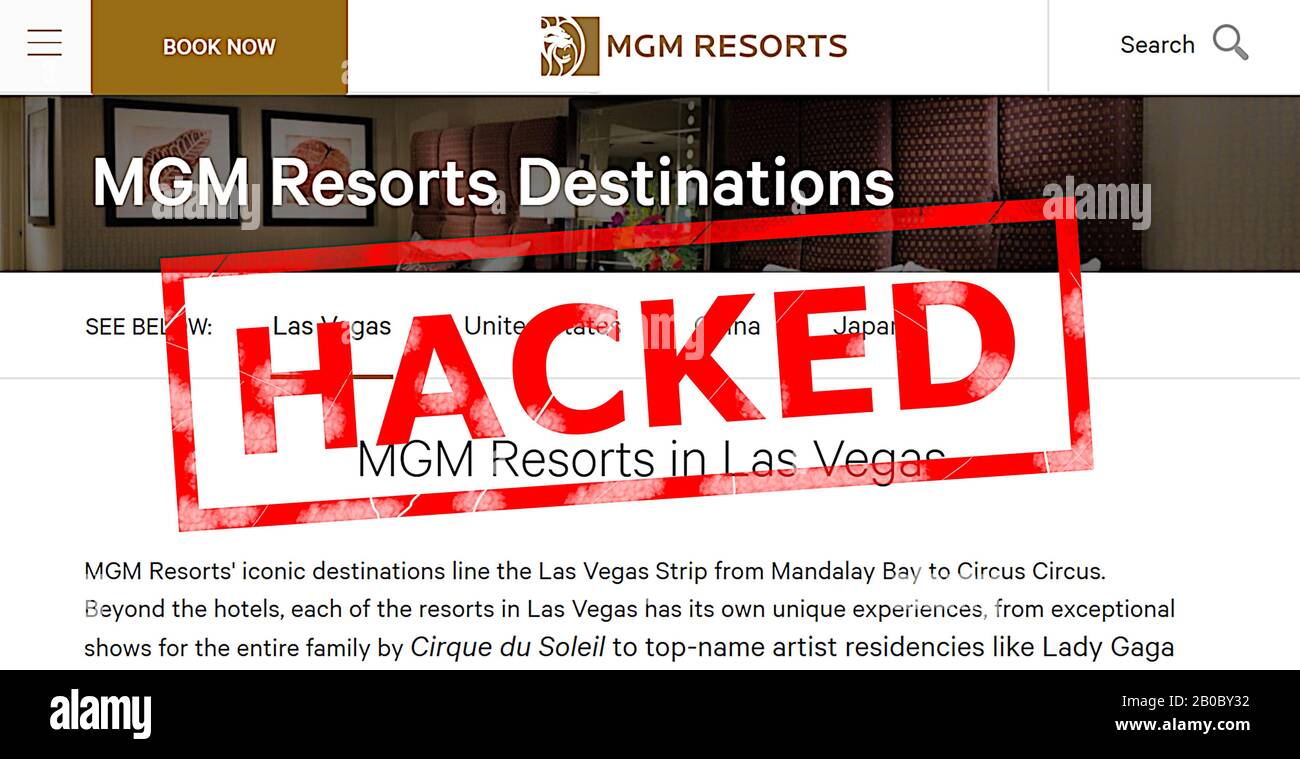 MGM website picture and imitation of a rubber stamp with red letters HACKED. Conceptual editorial illustration. Stock Photo
