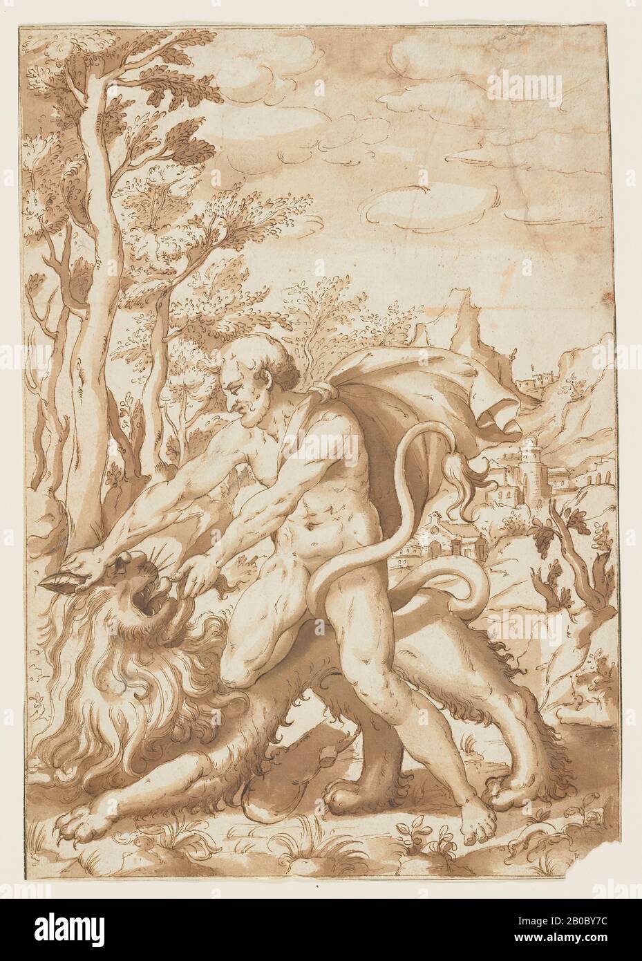 Unknown Artist, Heracles and the Nemean Lion, 1500-1600, ink, wash on paper, 9 3/16 in. x 13 1/4 in. (23.4 cm. x 33.6 cm.) Stock Photo