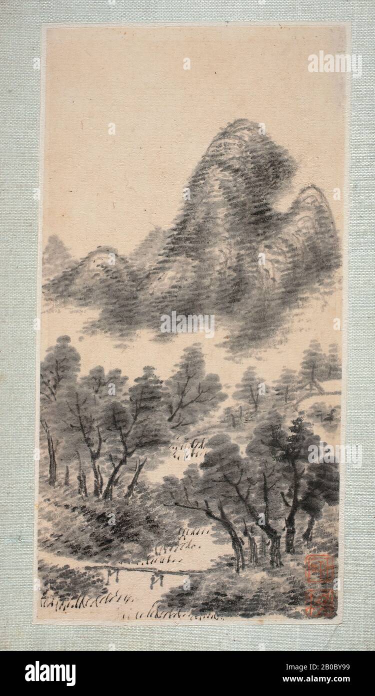 Zhang Peidun, Landscape, n.d., ink and colors on paper, 5 5/16 in. x 2 3/4 in. (13.49 cm x 6.99 cm Stock Photo