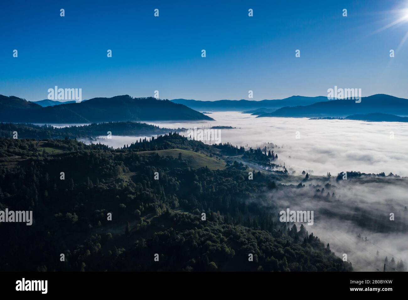 Aerial view of colorful mixed forest shrouded in morning fog on a ...