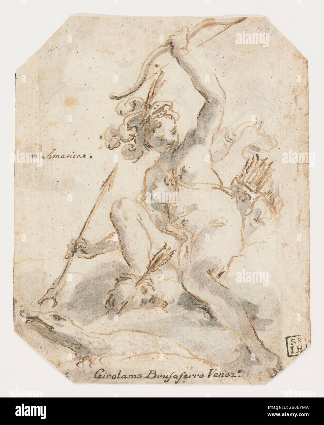 Girolamo Brusaferro, Allegory of America, 1679-1745, pen and brown ink and grey wash on blue paper, 6 1/2 in. x 5 1/8 in. (16.51 cm. x 13.02 cm.) Stock Photo