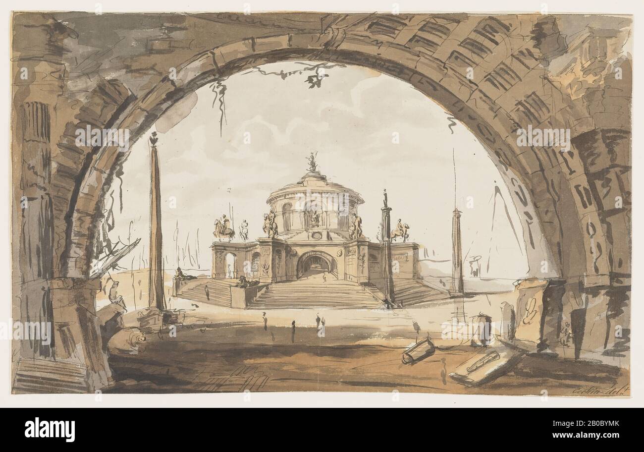 Noël Cochin, Temple Seen Through an Archway, 1622-1695, pen and black ink, brown, grey, and black washes, over graphite on paper, 9 3/4 in. x 15 15/16 in. (24.77 cm. x 40.48 cm.) Stock Photo