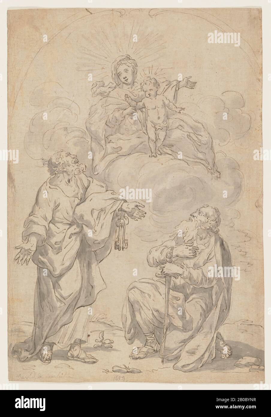 Joseph Antoine David, called David de Marseilles, The Virgin and Child Appearing to Saints Peter and Paul, 1659, pen and black and brown ink, grey wash, over black chalk on paper, 12 11/16 in. x 8 5/8 in. (32.23 cm. x 21.91 cm.) Stock Photo
