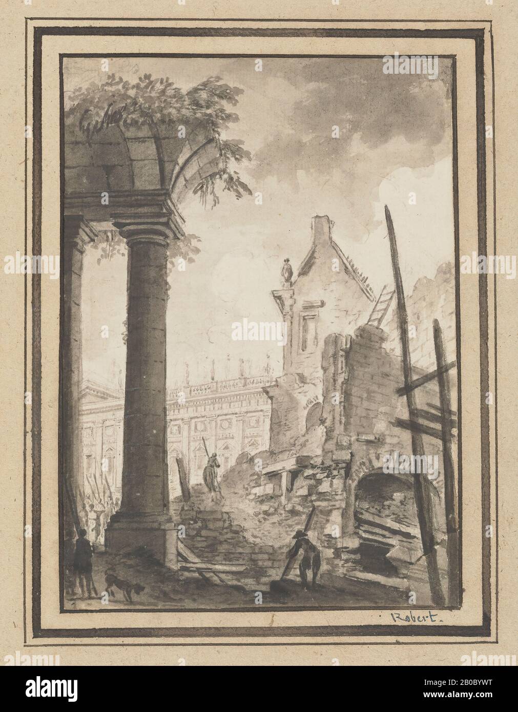 Pierre Antoine de Machy, Demolition of a Building with a View of the Louvre, 1723-1807, pen and black ink and black wash over graphite on paper, 6 5/8 in. x 4 3/4 in. (16.9 cm. x 12.1 cm.) Stock Photo