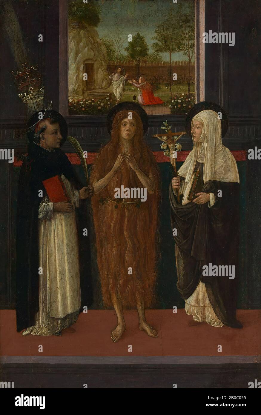 Gherardo del Fora, St. Mary Magdalen between St. Peter Martyr and St. Catharine of Siena, ca. 1475, tempera on panel, 16 3/4 in. x 11 1/4 in. (42.5 cm. x 28.5 cm.), Active in Florence in the second half of the fifteenth century, Gherardo was a painter and book illuminator who benefited from the patronage of Lorenzo de' Medici, known as Lorenzo the Magnificent. Gherardo's works reveal a powerful interest in classical antiquity. In this small devotional panel, perhaps commissioned for a Dominican convent, Mary Magdalene is flanked by Peter Martyr (identified by the transparent knife embedded in Stock Photo