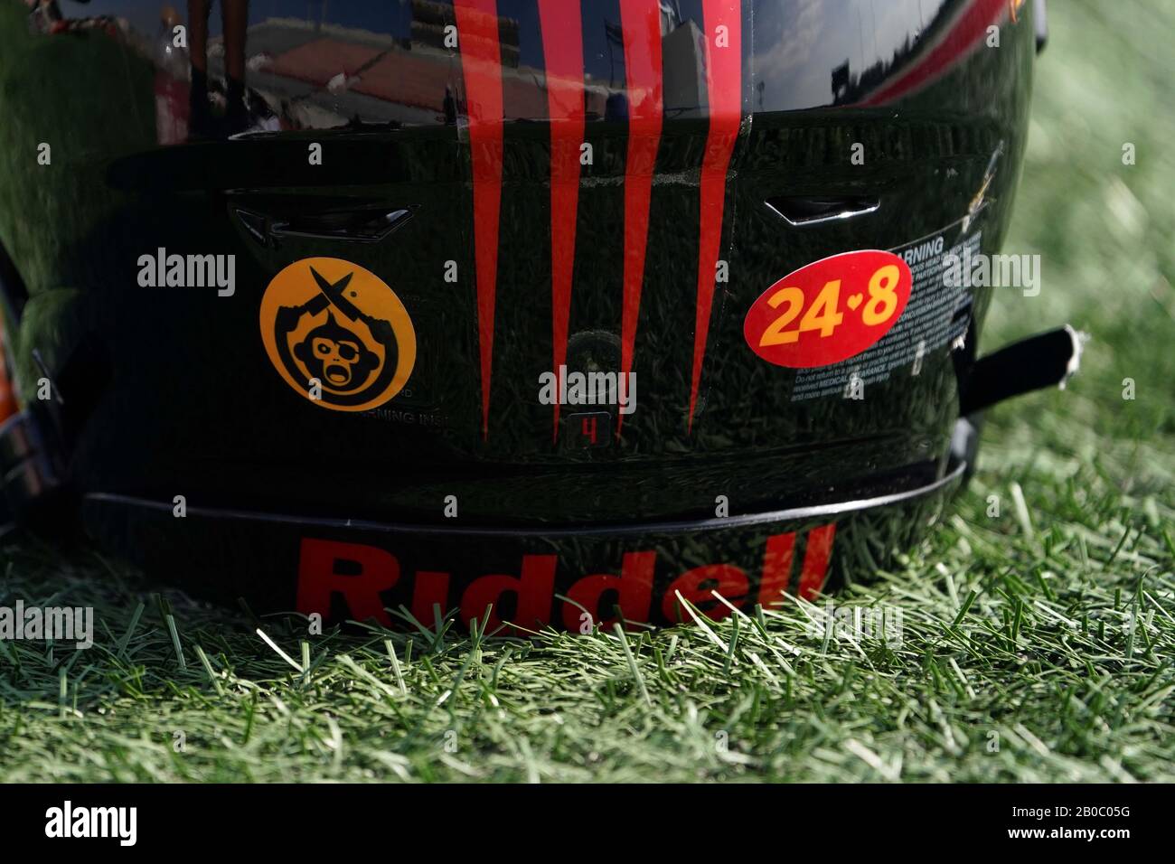 Detailed view of LA Wildcats helmet with numbers 24 and 8 in memory of Kobe Bryant and daughter Gianna Bryant during practice, Wednesday, Feb. 19, 2020, in Long Beach, Calif. (Photo by IOS/ESPA-Images) Stock Photo