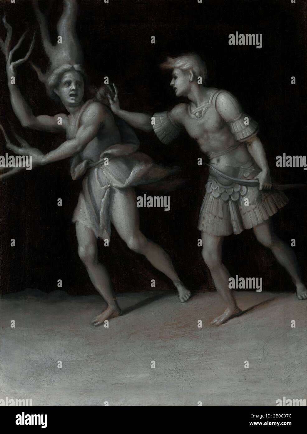 Jacopo da Carrucci (called Pontormo), Apollo and Daphne, 1513, oil on canvas, 24 3/8 in. x 19 1/4 in. (61.91 cm. x 48.9 cm.), Pontormo's haunting rendition of the tragic legend of Apollo and Daphne takes place in neither bucolic Arcadia nor Thessaly, but a shadowy nowhere land. The canvas depicts the love-struck Apollo chasing Daphne, who was shot with a blunt leaden shaft, inciting antipathy. Growing exhausted from his relentless pursuit, Daphne implores her river god father to save her. The chaste maiden's prayers are answered. Just as Apollo is about to overtake her, she is transformed into Stock Photo