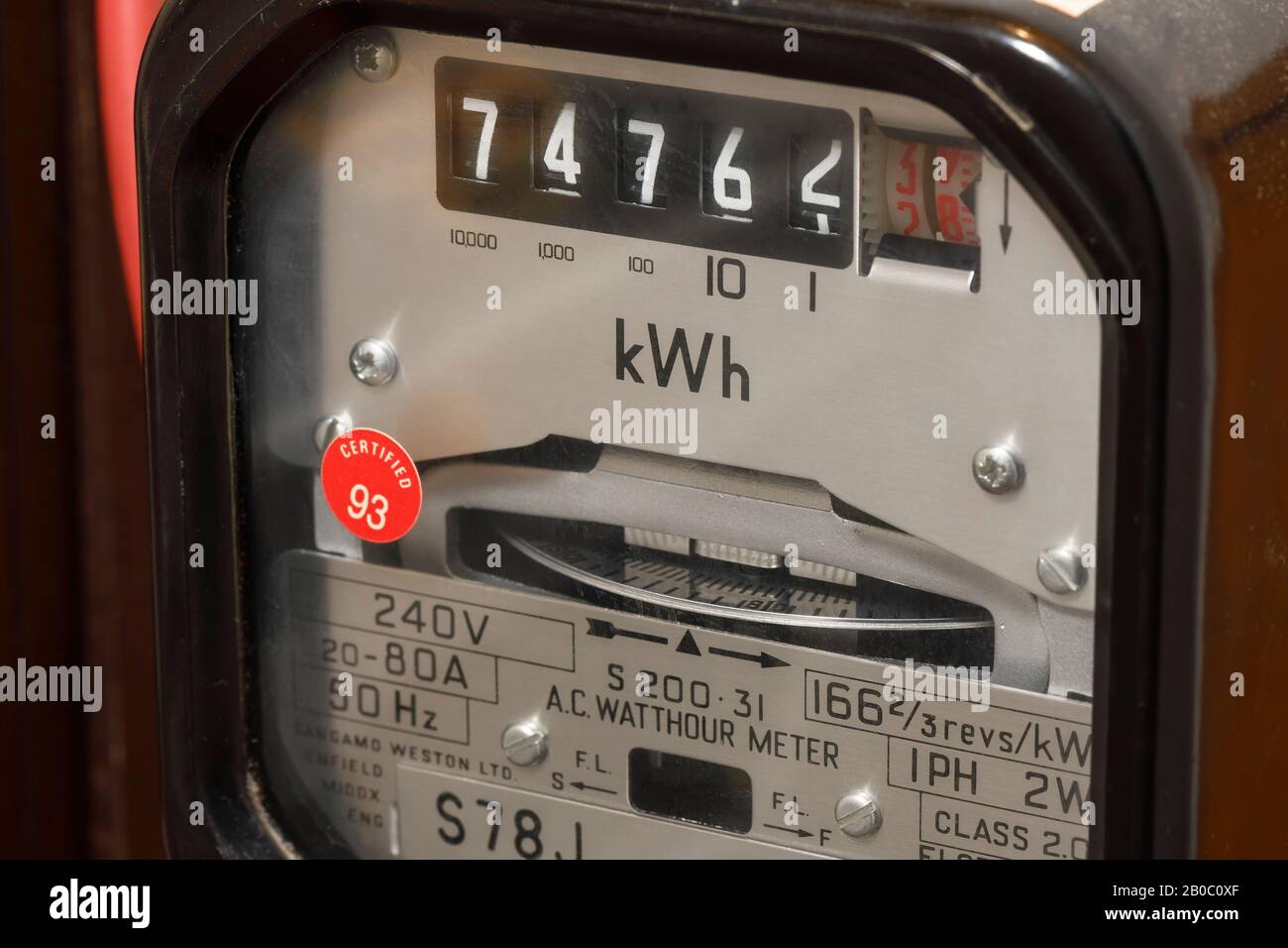 Close up detail of an old style mechanical electricity meter Stock Photo