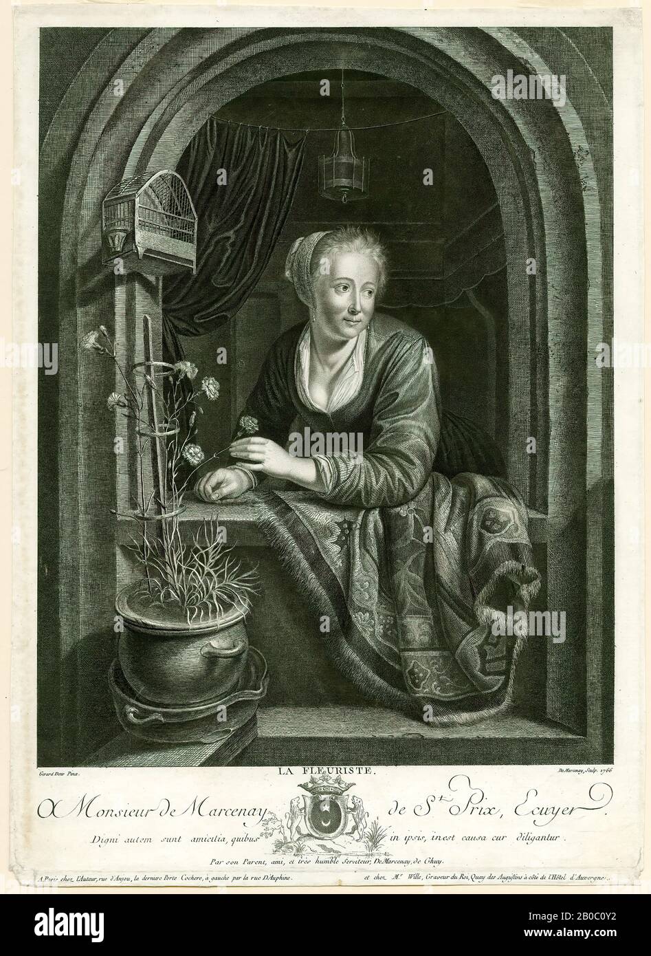 Antoine de Marcenay de Ghuy, La Fleuriste, 1766, engraving on paper, 13 1/8 in. x 9 1/2 in. (33.4 cm. x 24.2 cm.) Stock Photo