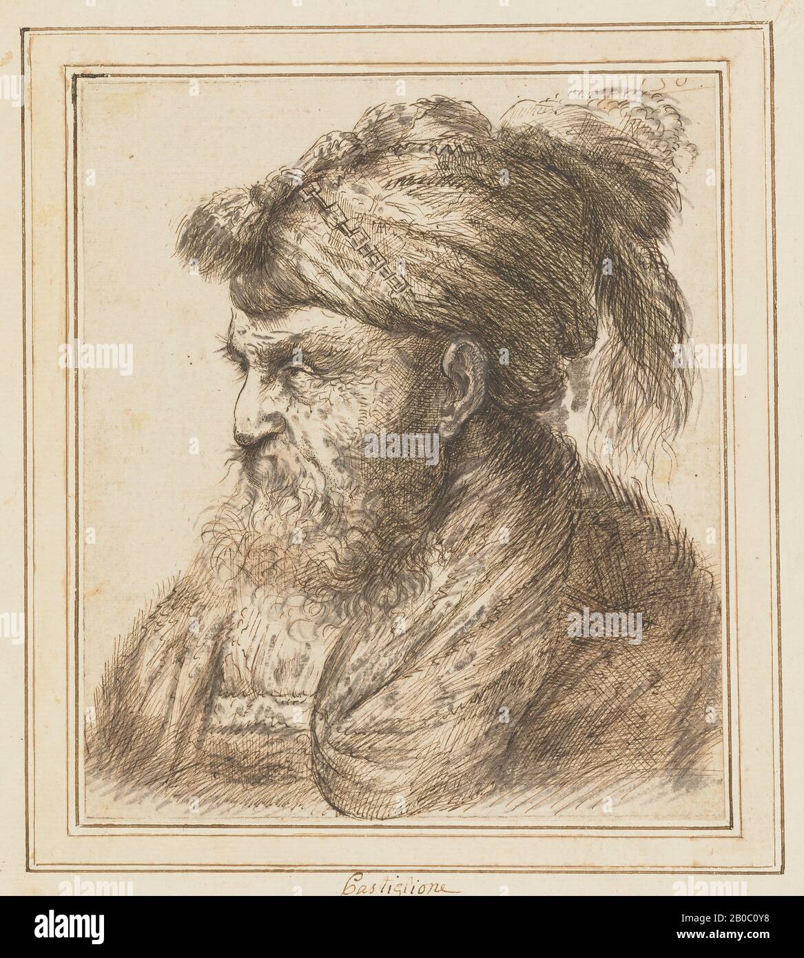 Giovanni Benedetto Castiglione, Oriental Head, ca. 1610-1665, pen and brown ink, grey wash on paper, 8 1/2 in. x 7 5/16 in. (21.6 cm. x 18.5 cm.) Stock Photo