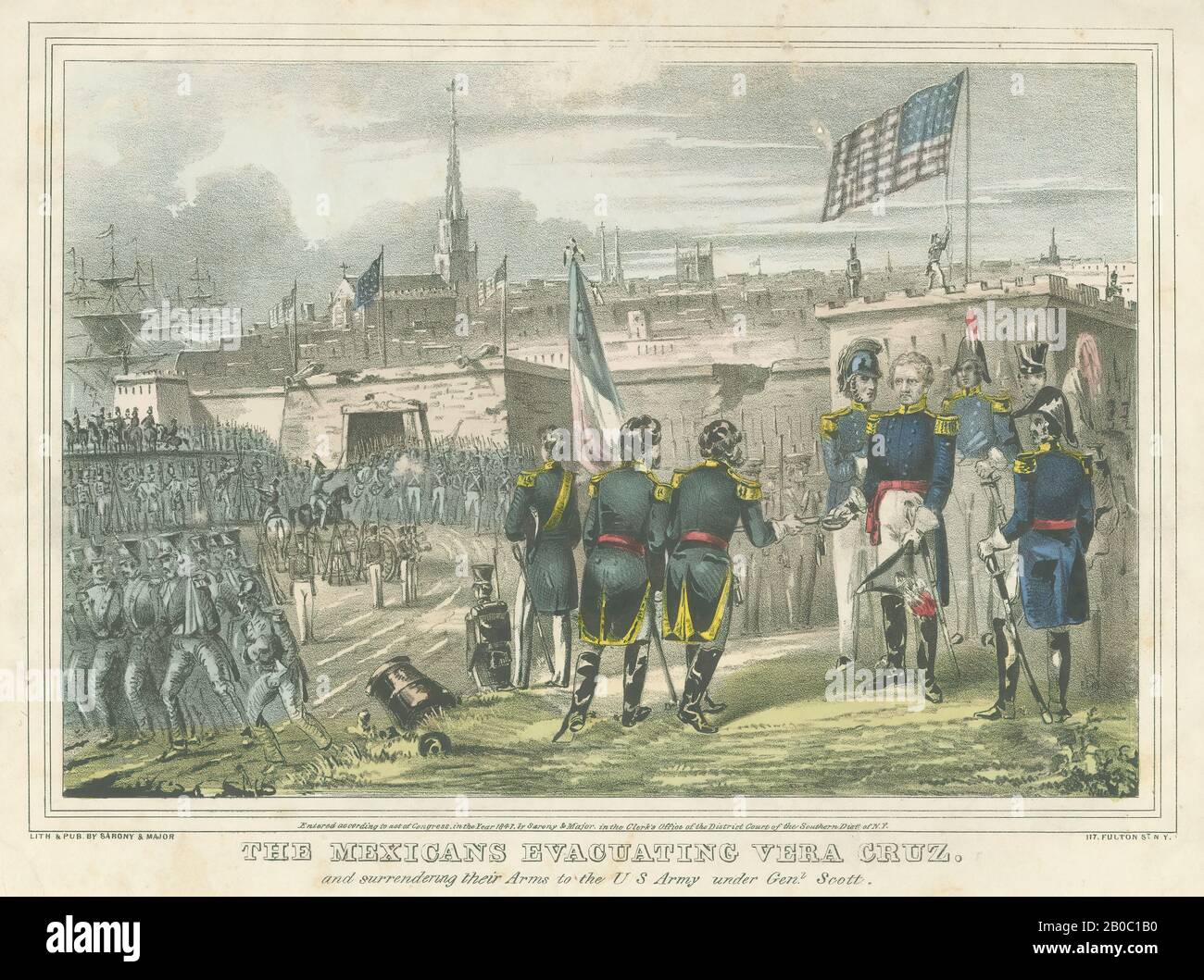 Unknown Artist, Part of a Collection of Mexican-American War Prints, The Mexicans Evacuating Vera CruzAnd Surrendering Their Arms to the U.S. Army, Under General Scott, 1847, color lithograph on paper, 11 9/16 in. x 14 3/8 in. (29.37 cm x 36.51 cm Stock Photo