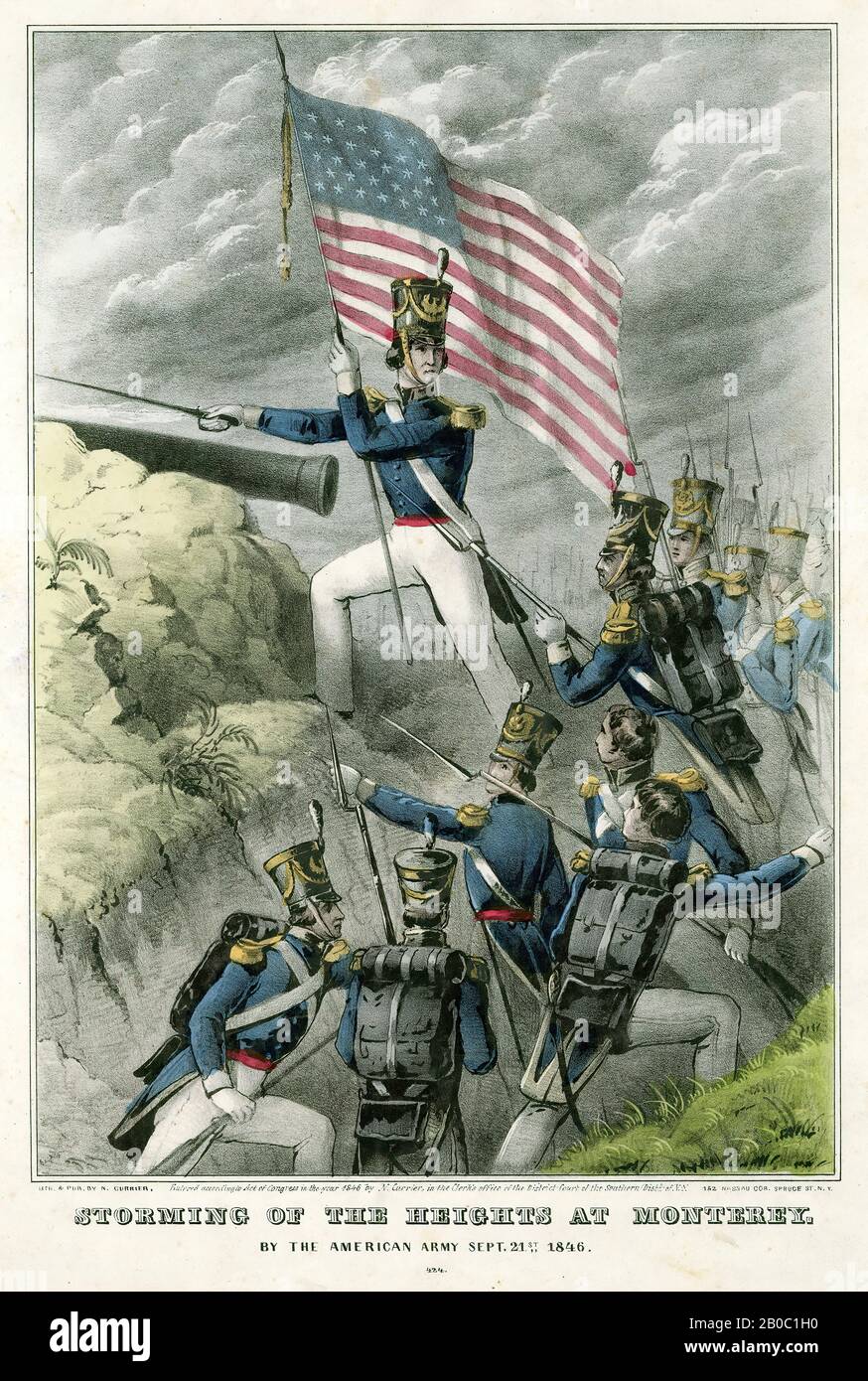 Unknown Artist, Part of a Collection of Mexican-American War Prints, Storming of the Heigts of Monterey by the American army September 21st 1846 #424, 1846, color lithograph on paper, 18 1/4 in. x 13 7/16 in. (46.36 cm x 34.13 cm Stock Photo