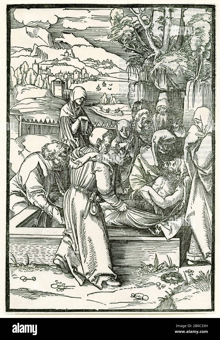 Hans Schäufelein, The Entombment, 1507, woodcut on paper, 9 5/16 in. x 6 5/16 in. (23.7 cm. x 16 cm.) Stock Photo