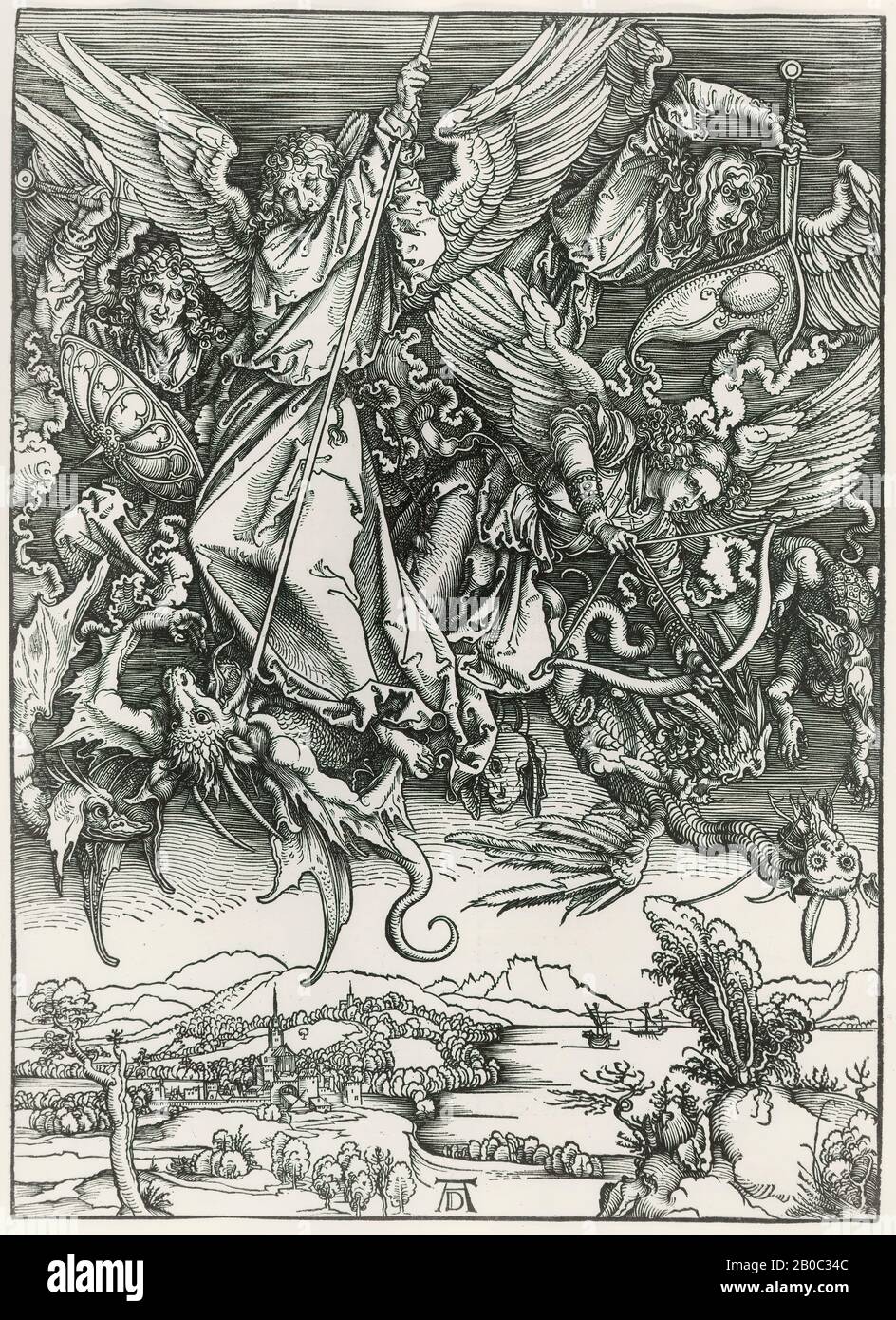 Albrecht Dürer, St. Michael Fighting the Dragon, 1496-1498, woodcut on antique laid paper, 15 1/2 in. x 11 3/16 in. (39.37 cm. x 28.42 cm.) Stock Photo