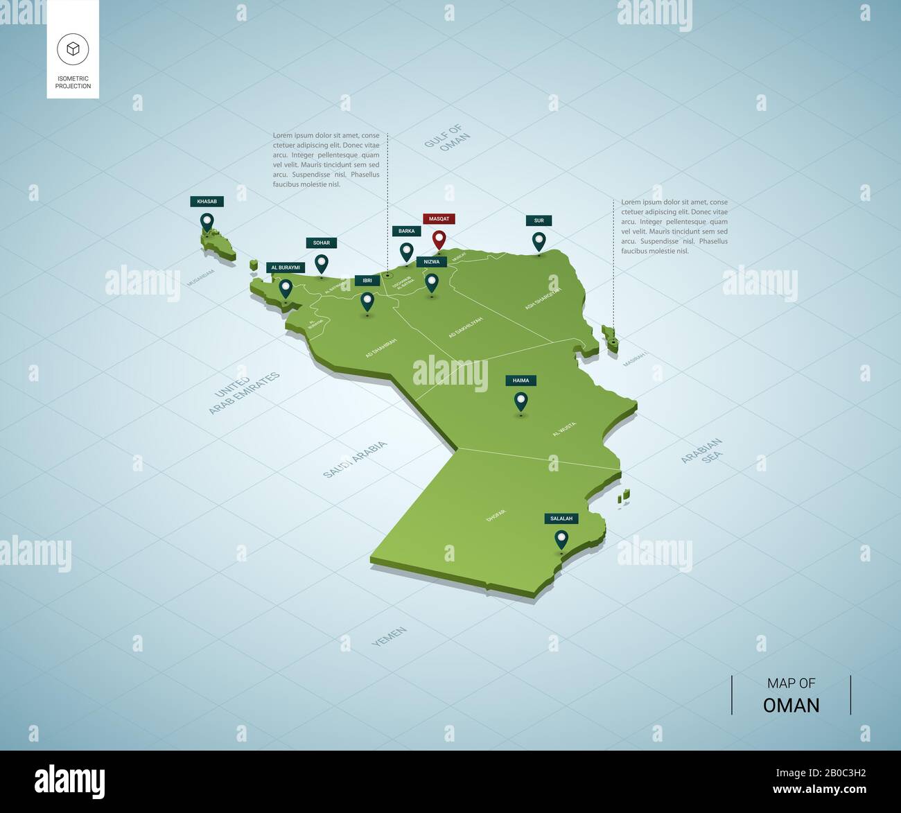 Stylized Map Of Oman Isometric 3d Green Map With Cities Borders