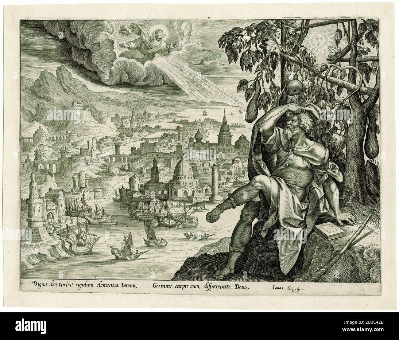 Hieronymus Wierix, Jonah Seated under a Bower, The Story of Jonah, pl. 4, after Marten de Vos, n.d., engraving on cream laid paper, 8 1/4 in. x 10 13/16 in. (20.96 cm x 27.46 cm Stock Photo