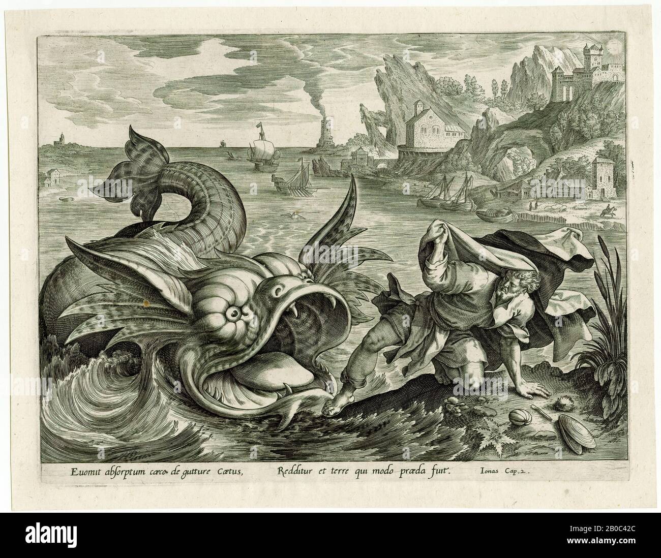 Hieronymus Wierix, Jonah Thrown into the Sea, The Story of Jonah, pl. 2, after Marten de Vos, n.d., engraving on cream laid paper, 8 5/16 in. x 10 5/8 in. (21.11 cm x 26.99 cm Stock Photo