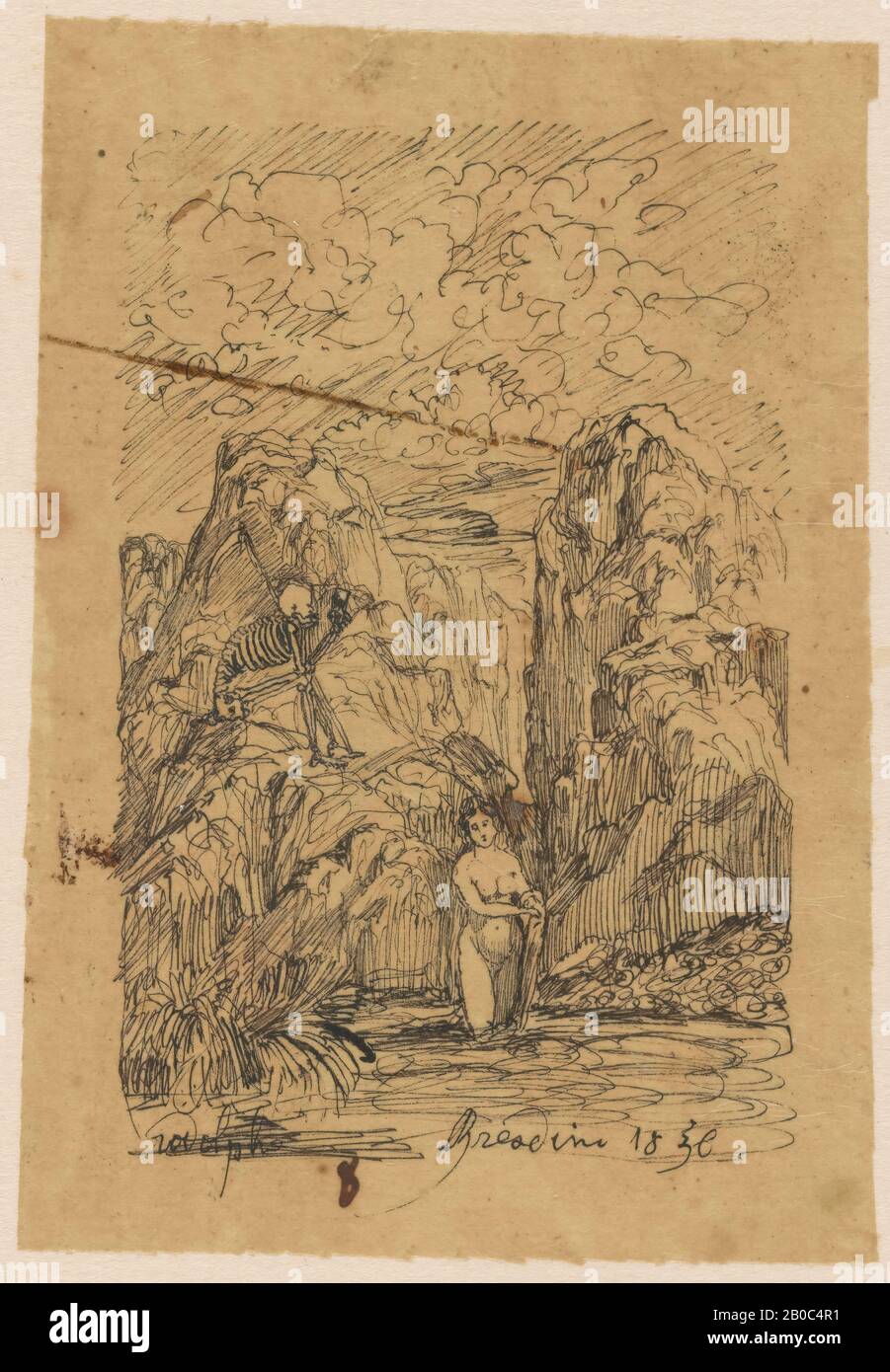 Rodolphe Bresdin, The Bather and Time, 1856, pen and black ink on tan tracing paper, mounted on cream wove paper, 4 in. x 2 13/16 in. (10.2 cm x 7.1 cm), Rodolphe Bresdin, one of the most visionary and eccentric graphic artists of the nineteenth century, was admired by the likes of Victor Hugo and Charles Baudelaire. This pairing of a preparatory drawing from 1856 and the related lithograph, published in Toulouse the following year, reveals the artist's process. The drawing is a quick, energetic working study. It depicts a young woman bathing in a pond as Death observes time running out. Sever Stock Photo