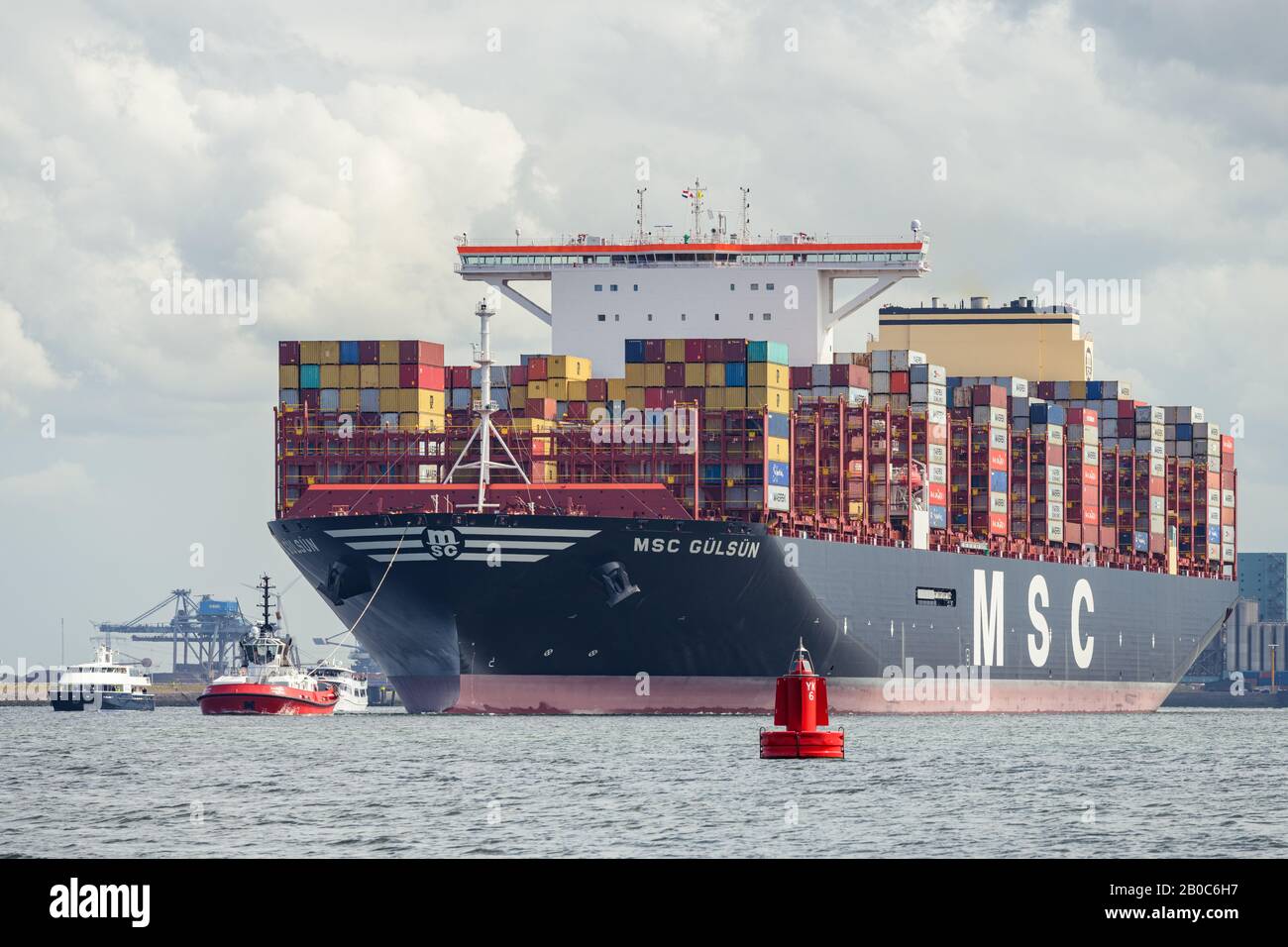 ROTTERDAM, THE NETHERLANDS - SEPTEMBER 3, 2019: The world's largest container ship, the MSC Gulsun, arrives at the Port of Rotterdam making its maiden Stock Photo