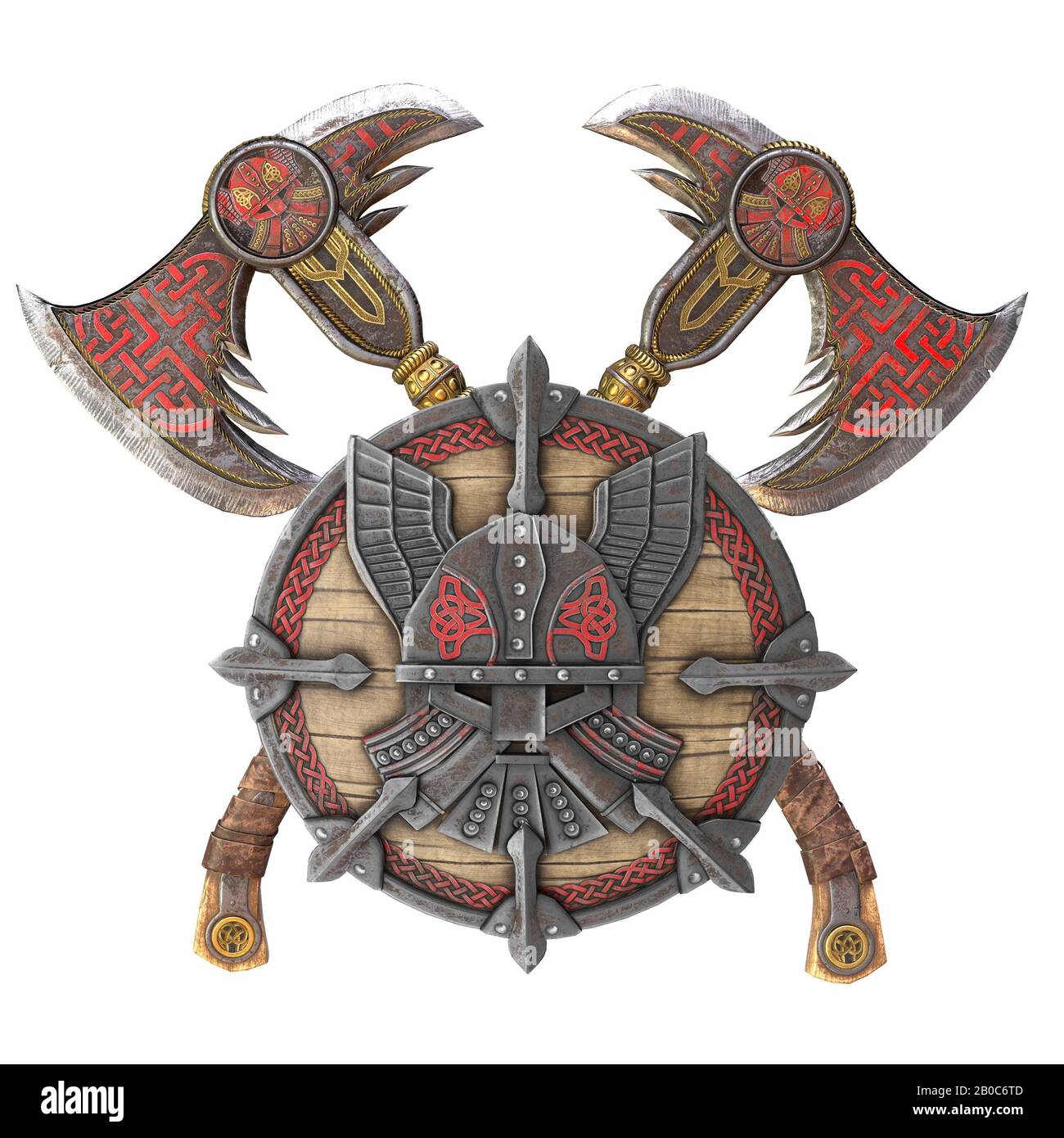 Viking battle ax and shield on an isolated white background. 3d