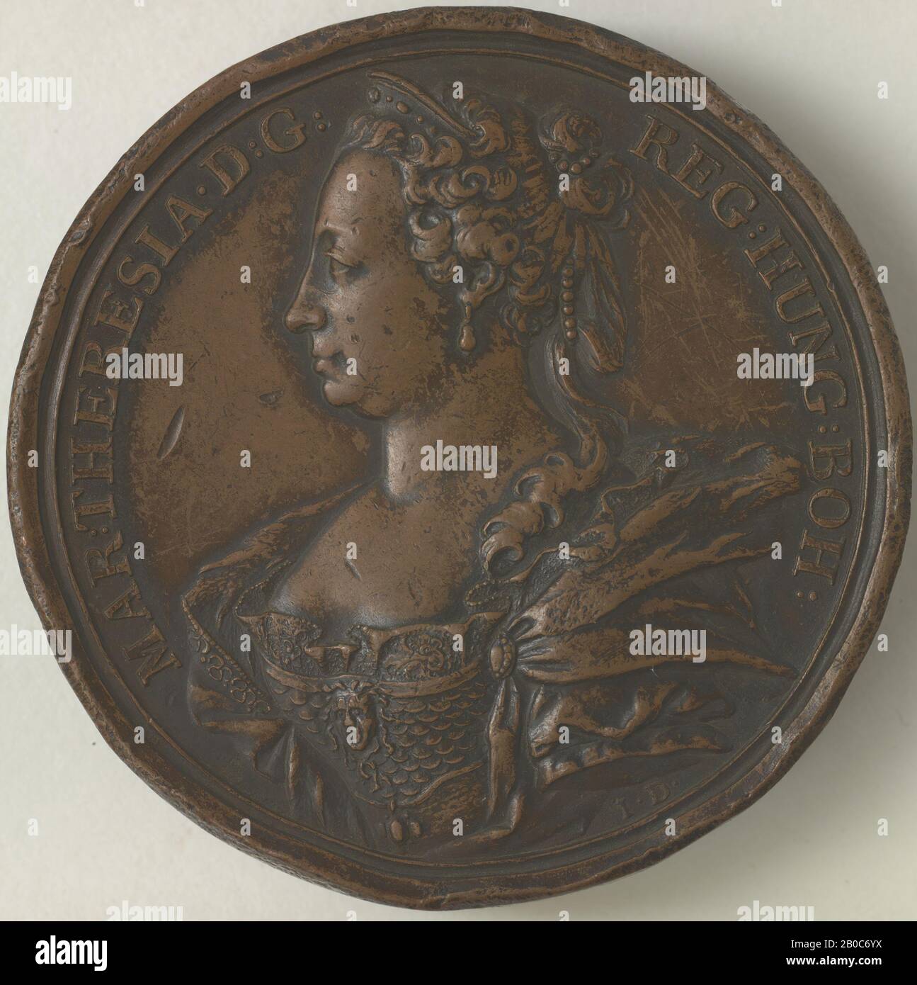 Jacques Antoine Dassier, Maria Theresa (1717-1780), Archduchess of Austria and Queen of Hungary and Bohemia 1740-1780, Treaty of Fuessen, 1745, bronze, traces of black patina, 3 15/16 in. (10 cm.), Empress Maria Theresa of the Austrian Habsburg line ascended to the throne of the Holy Roman Empire in 1740. An alliance of European powers immediately challenged her sovereignty, citing her ineligibility as a woman and prompting the War of the Austrian Succession (1740-1748). This medal commemorates the 1745 Treaty of Fuessen, which ended Bavaria's participation in the war, a decisive moment leadin Stock Photo